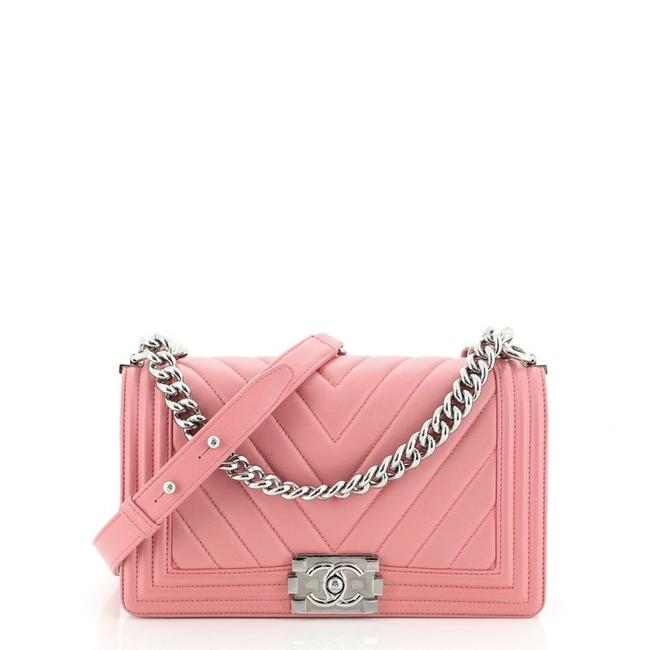 Chanel Classic Flap Boy Chevron Lambskin Old Medium Pink Leather Shoulder Bag 