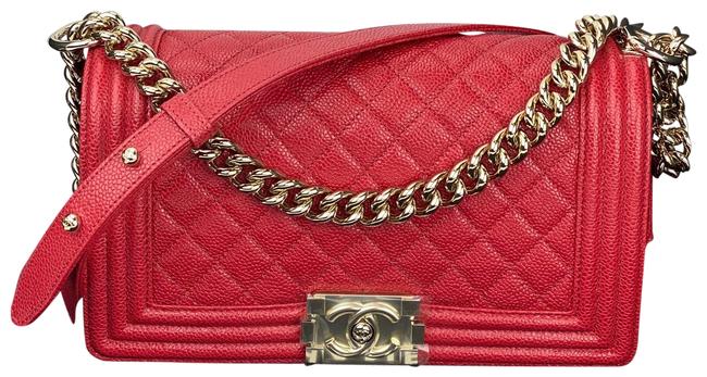 Chanel Classic Flap Boy Quilted Caviar Medium B155 Red Leather Shoulder Bag 