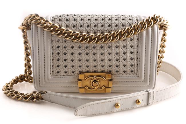 Chanel Classic Flap Boy Woven White Calfskin Leather Shoulder Bag 