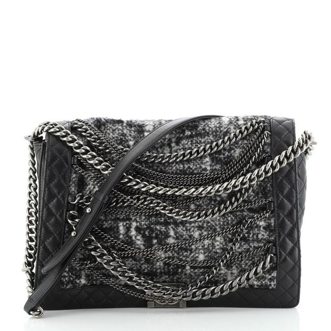 Chanel Classic Flap Boy XL Enchained Black Leather Tweed Shoulder Bag 