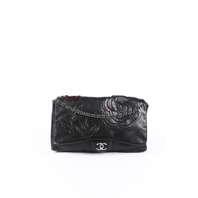 Chanel Classic Flap Camellia Petals Lambskin Black Leather Shoulder Bag 