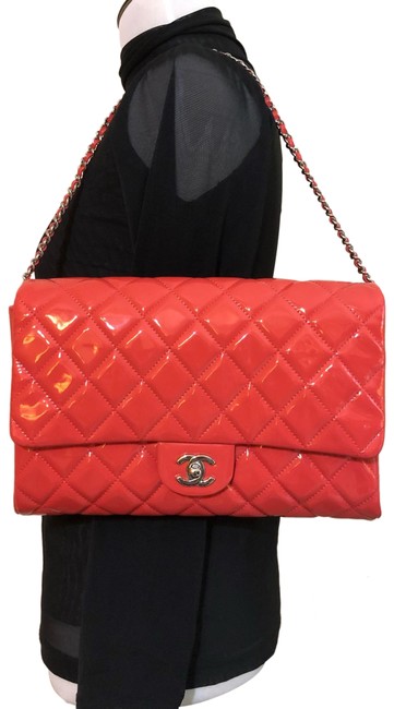 Chanel Classic Flap Clutch Orange Patent Leather Shoulder Bag 