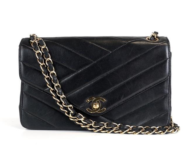 Chanel Classic Flap Cross Stitch Black Lambskin Leather Shoulder Bag 