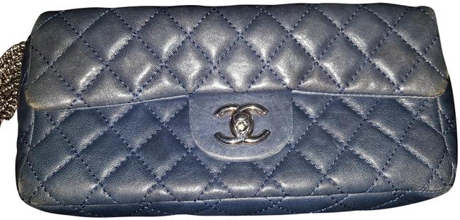 Chanel Classic Flap East West Blue Lambskin Leather Shoulder Bag 