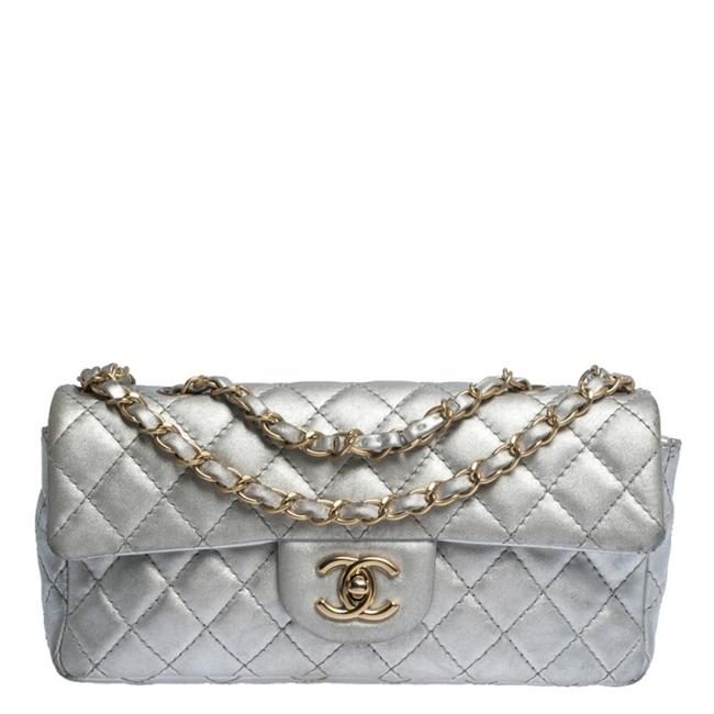 Chanel Classic Flap East West Silver Quilted Metallic Leather Shoulder Bag 