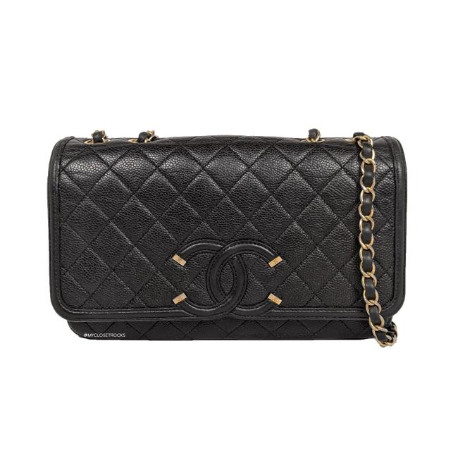 Chanel Classic Flap Filigree Quilted Caviar Medium Black Leather Shoulder Bag 