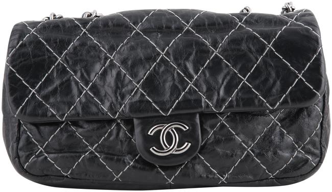 Chanel Classic Flap Glazed Calfskin Double Stitch Black Leather Shoulder Bag 
