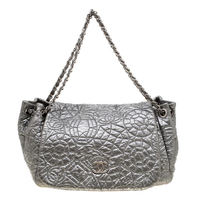Chanel Classic Flap Graphic Edge Silver Patent Vinyl Shoulder Bag 