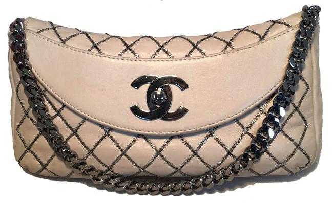 Chanel Classic Flap Gunmetal Chain Quilted Beige Leather Shoulder Bag 