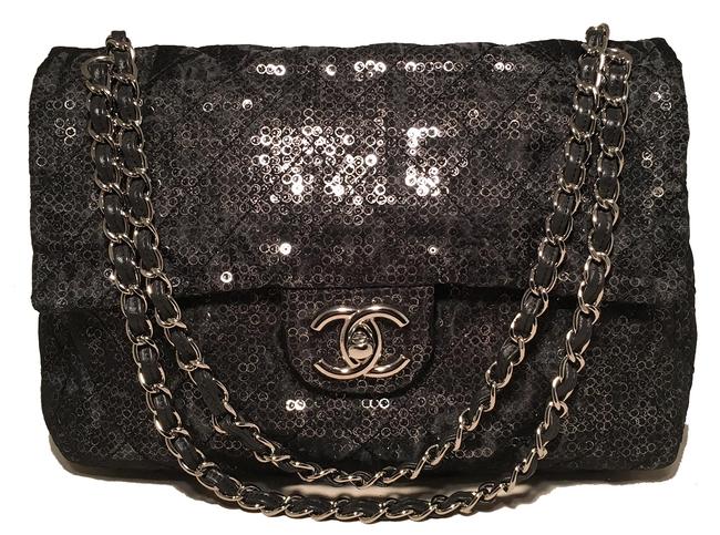Chanel Classic Flap Hidden Sequins Mesh Jumbo Black Nylon Shoulder Bag 