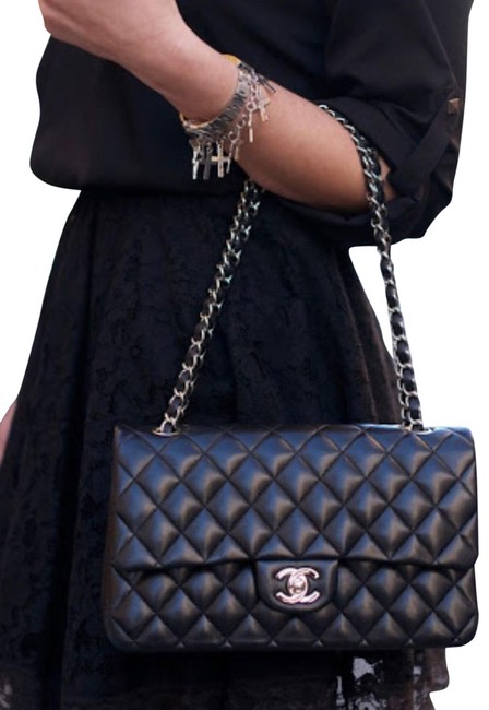 Chanel Classic Flap Jumbo Silver Hardware Black Lambskin Leather Shoulder Bag 