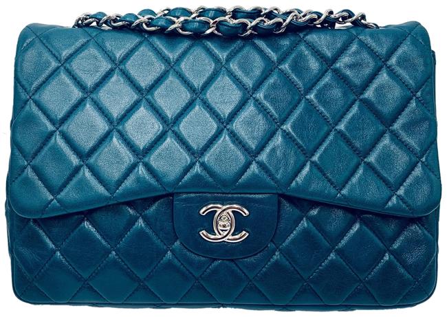 Chanel Classic Flap Jumbo Teal Lambskin Leather Shoulder Bag 