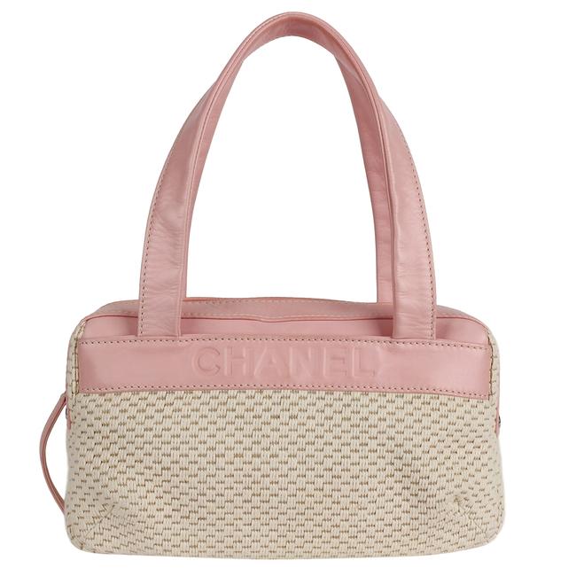 Chanel Classic Flap Logo Cream Woven 7508 Pink Leather Shoulder Bag 