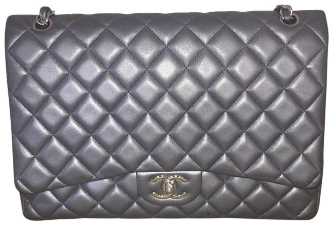 Chanel Classic Flap Maxi Handbag Silver Lambskin Leather Shoulder Bag 