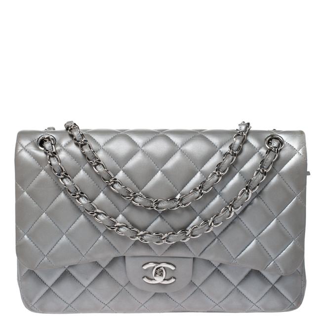 Chanel Classic Flap Quilted Jumbo Classic Double Silver Leather Shoulder Bag 
