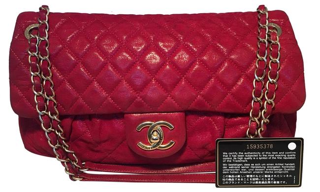 Chanel Classic Flap Shimmery Pleated Front Red Leather Shoulder Bag 
