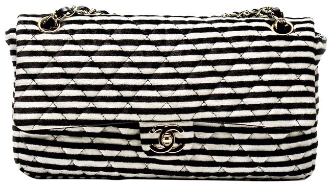 Chanel Classic Flap Velvet Striped Black and White Velour Shoulder Bag 