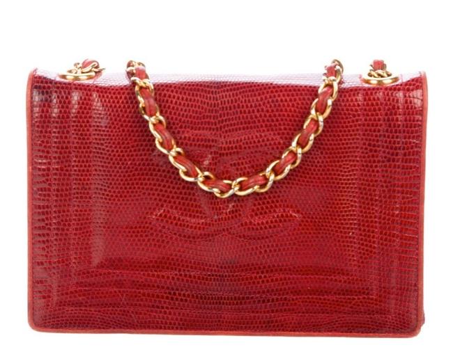 Chanel Classic Flap Vintage Cc Red Lizard Skin Leather Shoulder Bag 