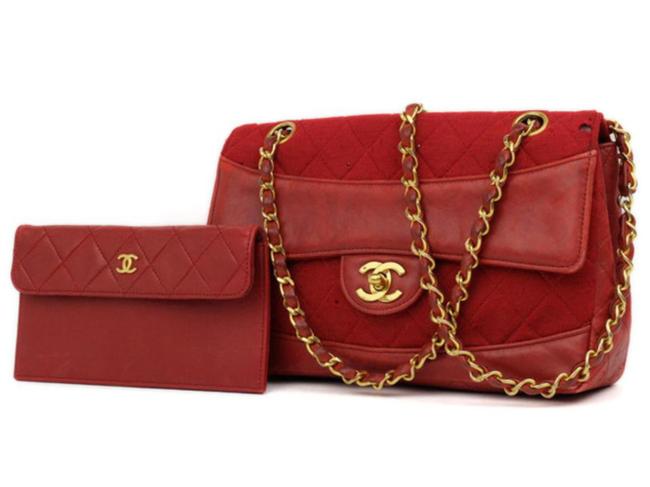 Chanel Classic Flap With Pouch 870549 Red Cotton Blend Shoulder Bag 