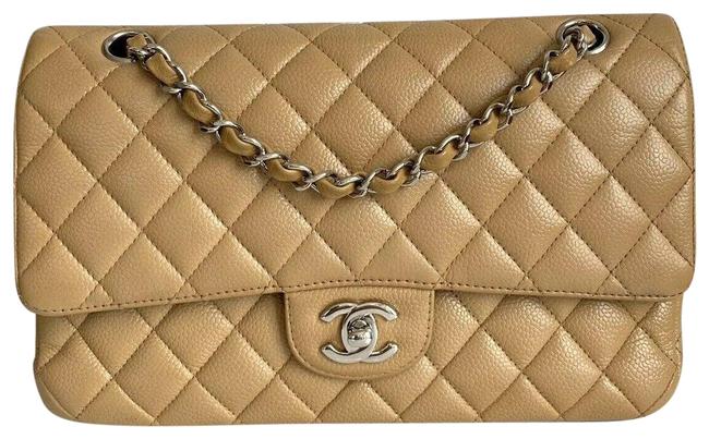 Chanel Classic Quilted Cc Medium Flap Caviar Beige Leather Shoulder Bag 