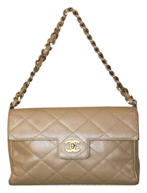 Chanel Classic Chain Skin Leather Cc Logo Flap Beige Caviar Shoulder Bag 