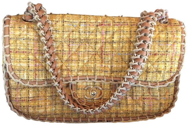Chanel Classic Yellow Coco Cc Logo Flap Purse Multicolored Tweed Shoulder Bag 