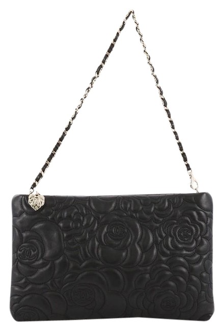 Chanel Clutch Camellia Chain Embossed Black Leather Shoulder Bag 