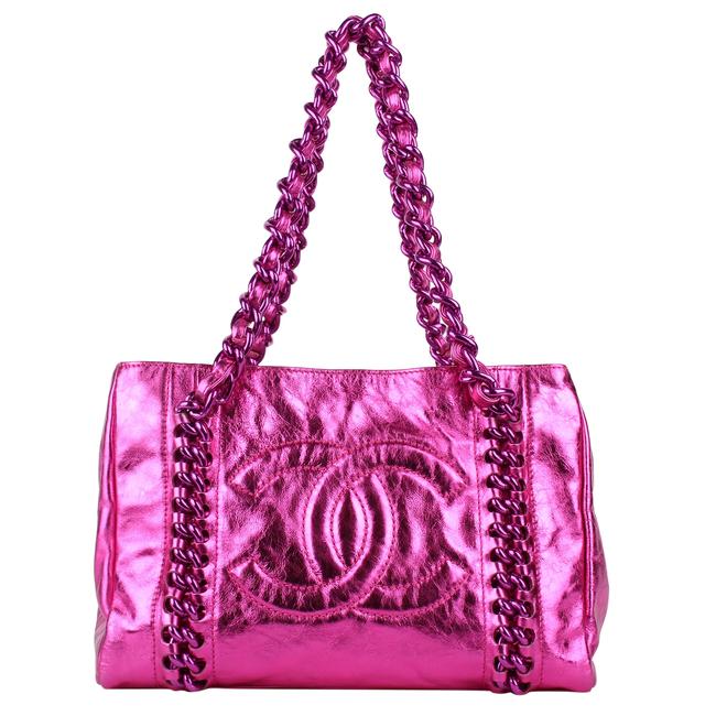 Chanel Coco Cabas Tote Cc Logo Chain 8472 Metallic Pink Leather Shoulder Bag 