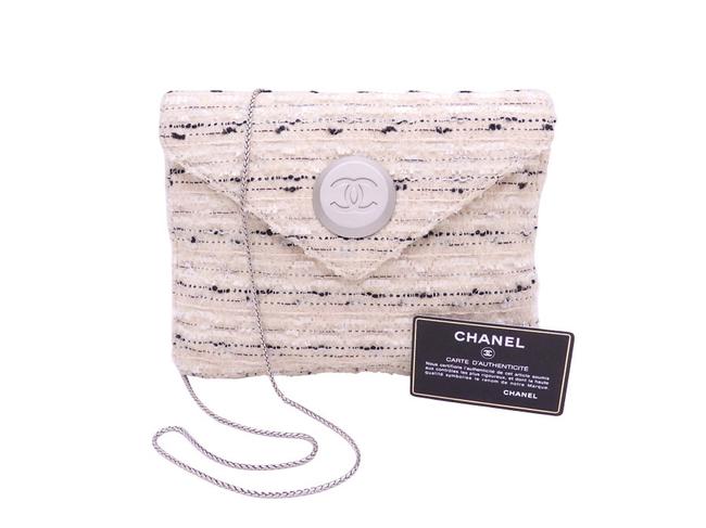 Chanel Coco Chain E40343 Beige Black Canvas Tweed Shoulder Bag 