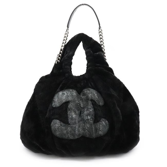 Chanel Coco Mark Chain Tote Lambskin Black Fur Leather Shoulder Bag 