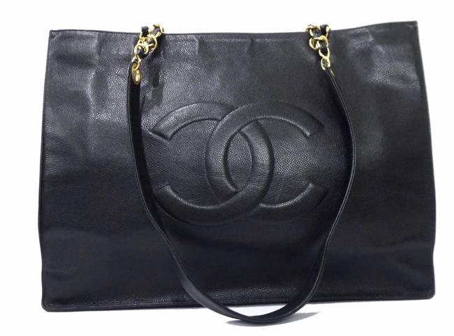 Chanel Shopping Coco Skin Tote Black Caviar Leather Shoulder Bag 