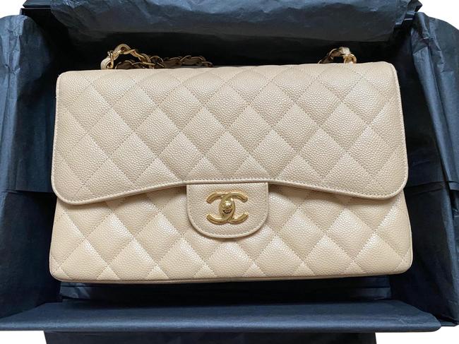 Chanel Double Classic Flap Beige Caviar Leather Shoulder Bag 