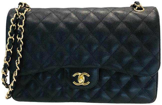 Chanel Double Flap Caviar Quilted Jumbo Black Leather Shoulder Bag 