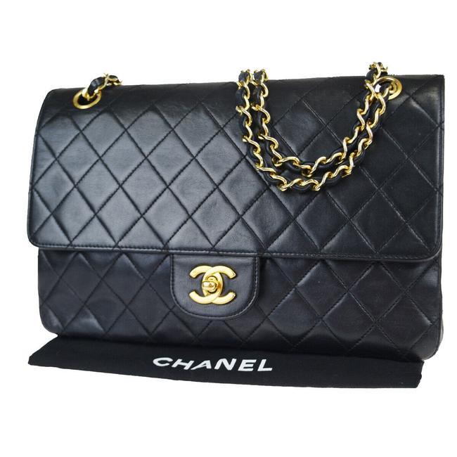 Chanel Double Flap Cc Logo Matelasse Chain Black Leather Shoulder Bag 
