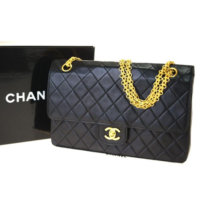 Chanel Double Flap Cc Matelasse Quilted Chain Black Leather Shoulder Bag 