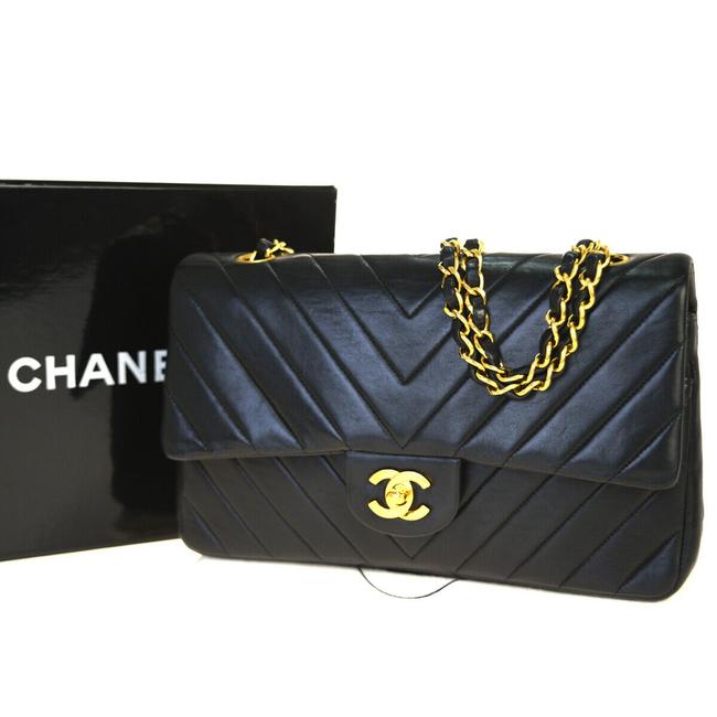 Chanel Double Flap Cc V Stitch Chain Black Leather Shoulder Bag 