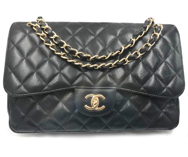 Chanel Double Flap Classic Timeless Jumbo Black Caviar Leather Shoulder Bag 