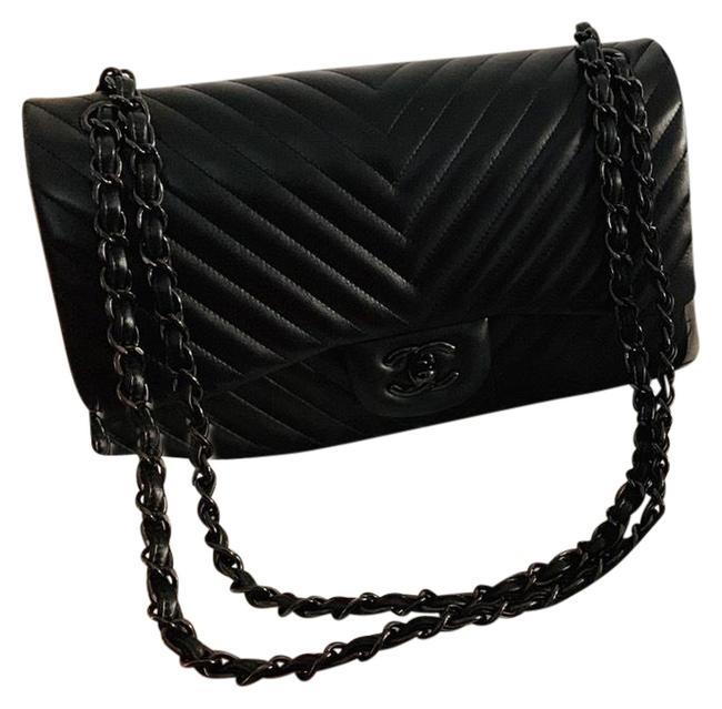 Chanel Double Flap Jumbo Chevron Black Lambskin Leather Shoulder Bag 
