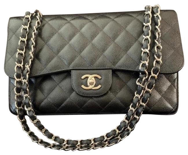 Chanel Double Flap Jumbo Classic Quilted Black Caviar Leather Shoulder Bag 
