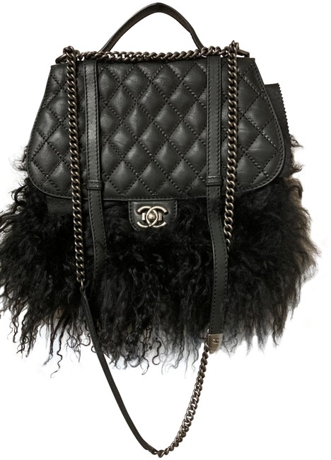 Chanel Double Flap In Lambskin Fur Black Shoulder Bag 