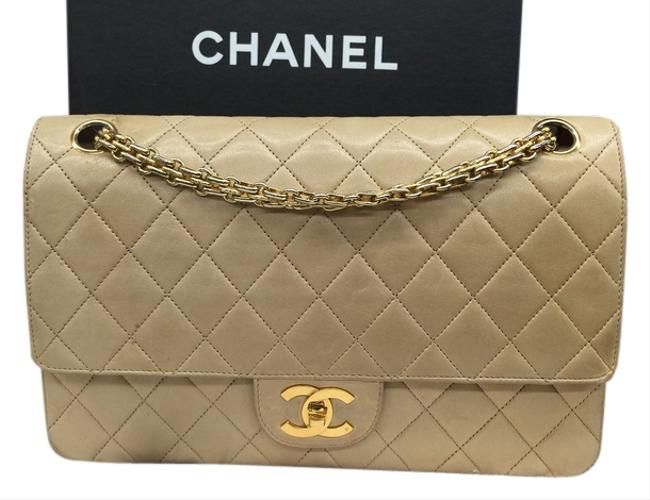 Chanel Double Flap Medium Classic Beige Leather Very Clean Shoulder Bag 