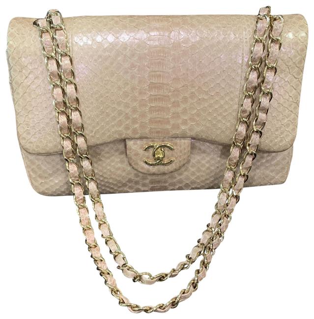 Chanel Double Flap Pinkish Pearl Python Skin Leather Shoulder Bag 