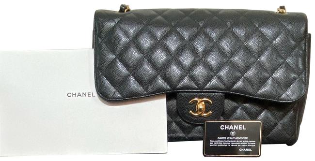 Chanel Double Flap Quilted Jumbo Black Caviar Leather Shoulder Bag 