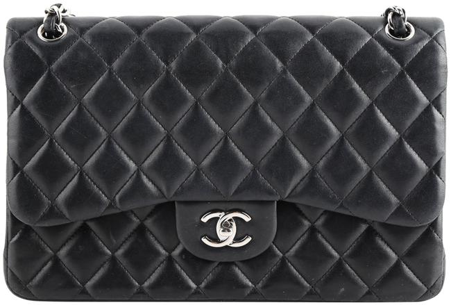 Chanel Double Flap Quilted Jumbo Black Lambskin Leather Shoulder Bag 