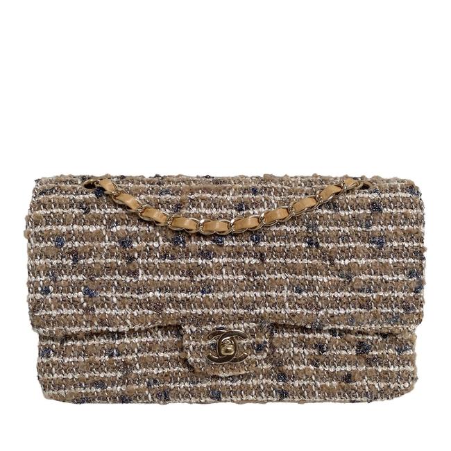 Chanel Double Flap Tweed Medium Brown Shoulder Bag 