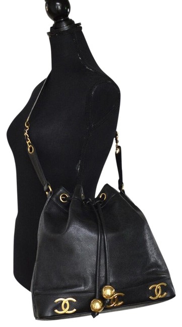 Chanel Drawstring Bucket Cc Logo Black Caviar Leather Shoulder Bag 