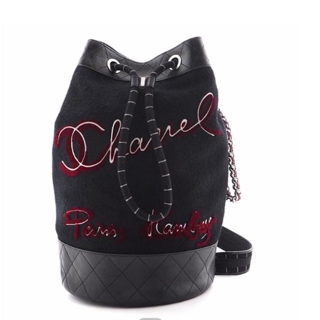 Chanel Drawstring Bucket Hamburg Black Wool Shoulder Bag 
