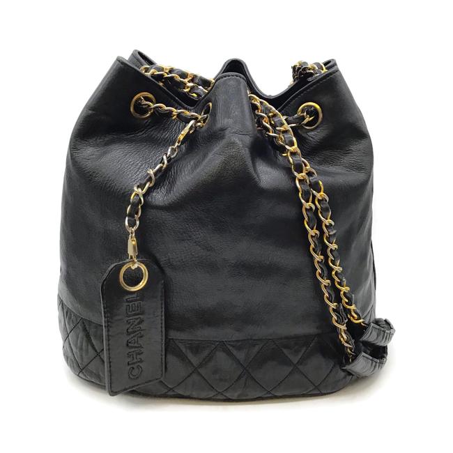 Chanel Drawstring Bucket Vintage Black Leather Shoulder Bag 