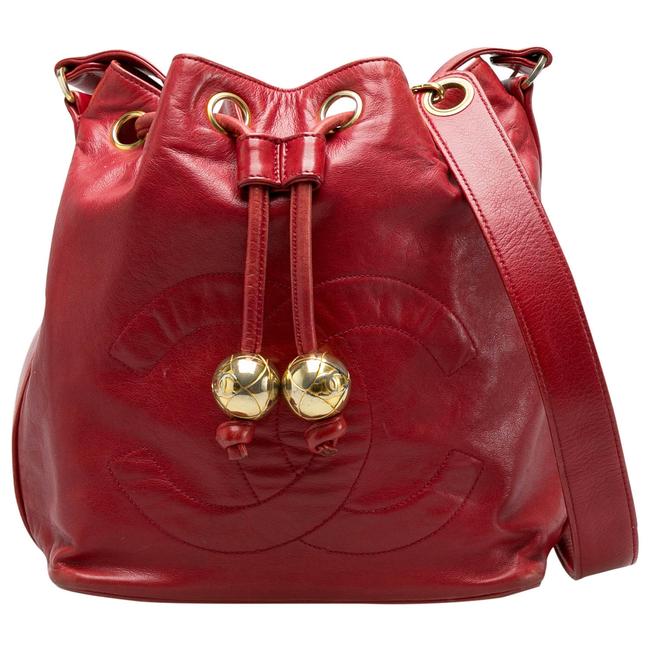 Chanel Drawstring Bucket Vintage Cc Red Leather Shoulder Bag 