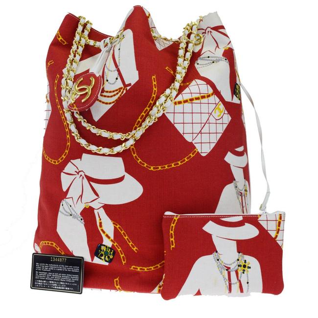 Chanel Drawstring Chain Red Canvas Leather Shoulder Bag 